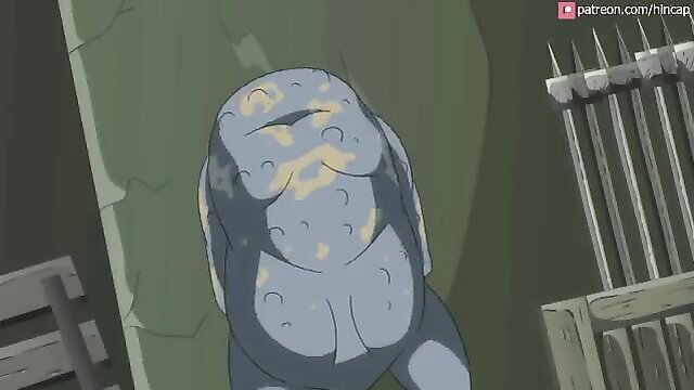 Toad monster hentai beast with huge tits in dark dungeon scene