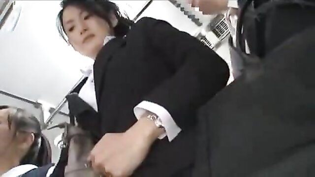 Japanese woman in suit gives public bus blowjob POV