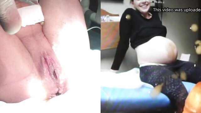 Pregnant Kelly closeup pussy spread and smiling belly in PMV