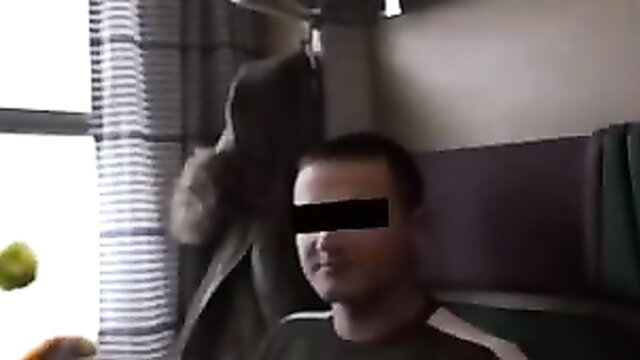 German man with censored face and large dog in amateur quickie setup