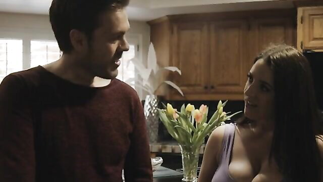 Curvy brunette BBW in tank top teases guy in kitchen closeup