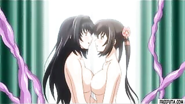 Nude anime twin black-haired girls embracing intimately in hentai scene