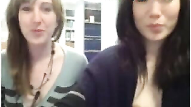 Two cam girls flash tits naked in public library