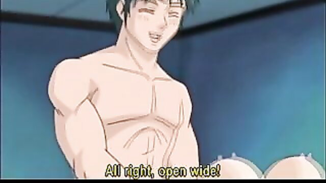 Muscular anime guy says 'open wide' to bound hentai teen tits