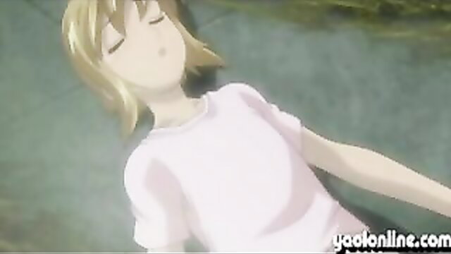 Blonde anime girl with closed eyes lying relaxed in white t-shirt on green background