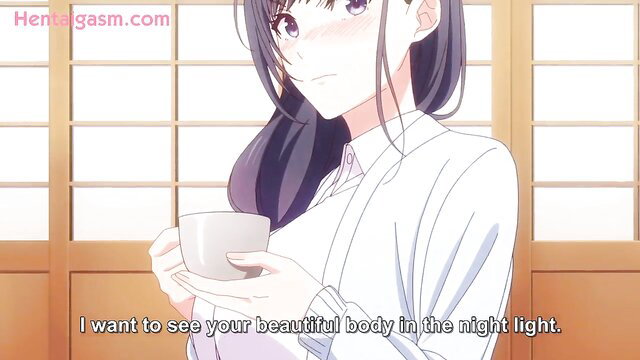 Beautiful Japanese hentai girl in kimono holding cup, flushed aroused expression