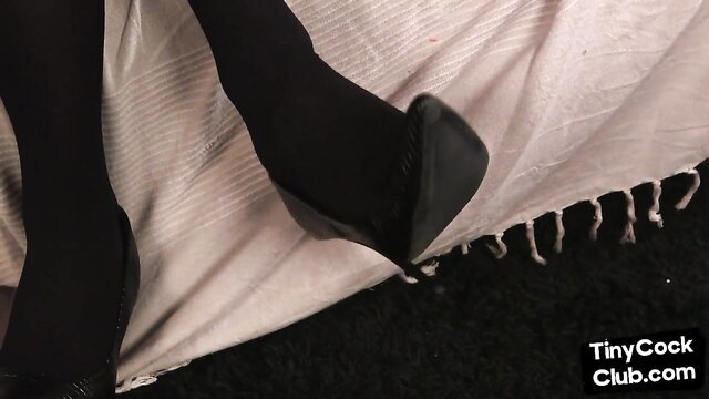 Redhead in stockings slips black pump, SPH TinyCock Club tease