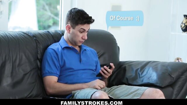 Step-mom teases step-son on couch in Family Strokes taboo video