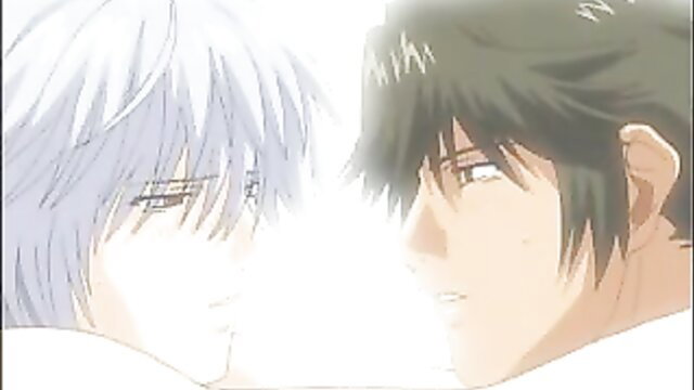 Anime boys close-up face stare, silver and dark hair gay hentai thumbnail
