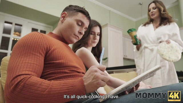 Mommy4K threesome preview: busty MILF in robe, brunette, muscular guy on couch