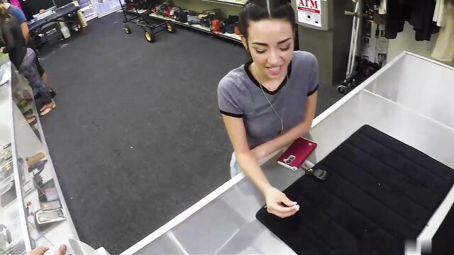 Kiley Jay smiling at counter in needy girlfriend fucking for money