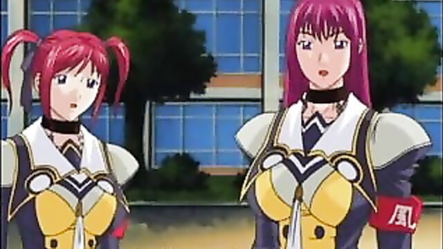 Twin redhead anime girls in sexy school armor uniforms outdoors
