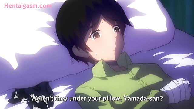 Cute anime trap Yamada in green uniform on bed, injured arm, hentai scene