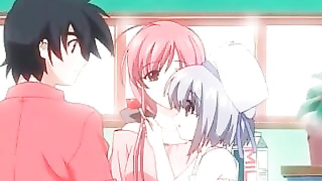 Anime hentai threesome with pink hair girl kissing silver hair nurse