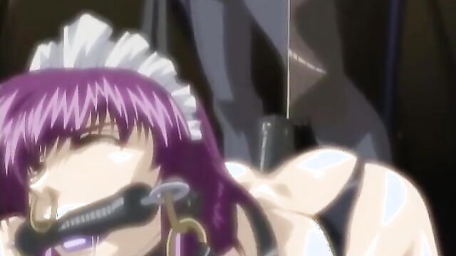 Purple-haired anime maid gagged and bound in kinky BDSM bondage