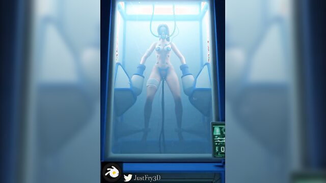 3D hentai babe in futuristic pod, skimpy bodysuit, blue glow, sexy pose