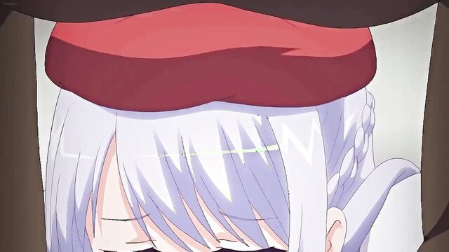Busty anime girl with white braids in red hat held down for anal fuck