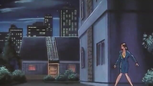 Anime woman in blue dress walking outside at night