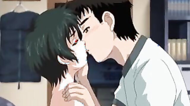 Anime couple kissing passionately in steamy JAV scene
