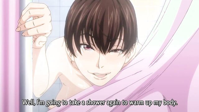 Anime twink smiling seductively in pink towel from steamy shower scene