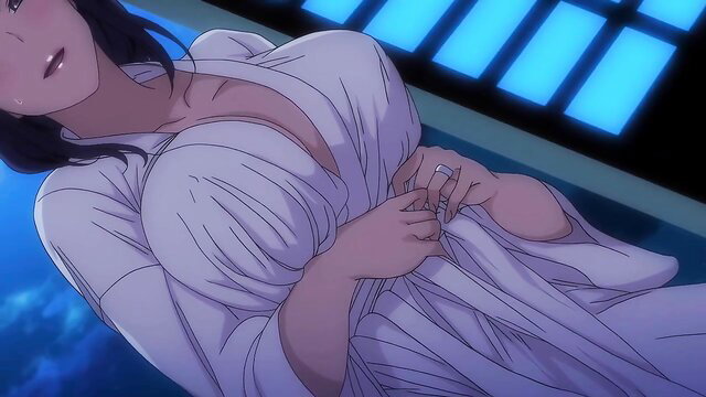 Busty anime babe in open robe showing massive tits closeup