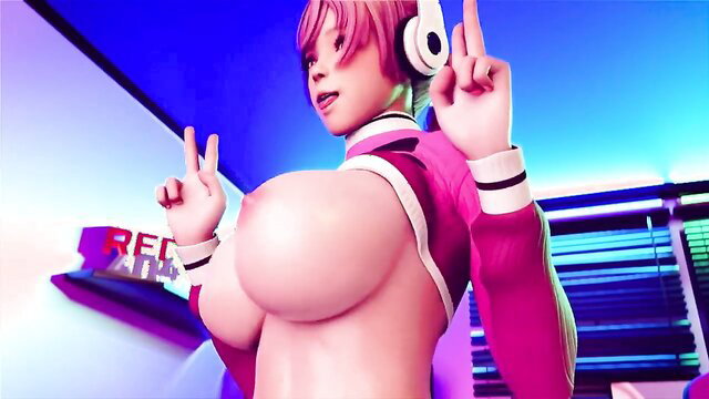 Pink-haired hentai anime girl with massive tits flashing peace signs in sexy cropped jacket