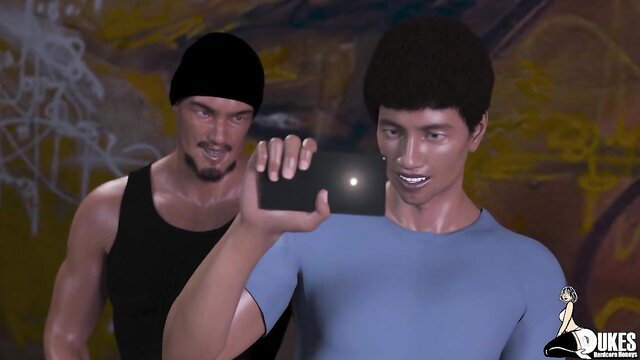 Two athletic Asian men posing with phone in graffiti room