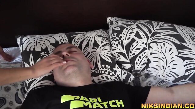 Indian sister handjobs sleeping Devar on bed with huge tits tease