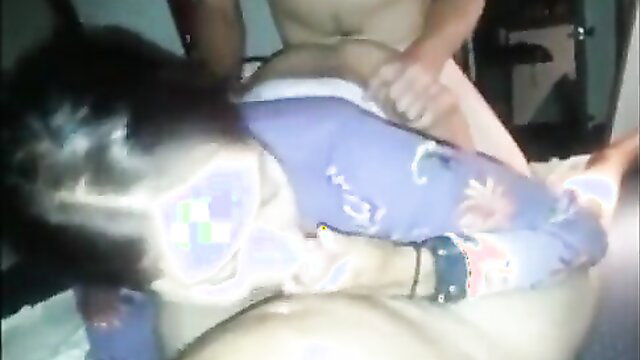 Hot amateur threesome with Asian girl in PJs fucked by friends