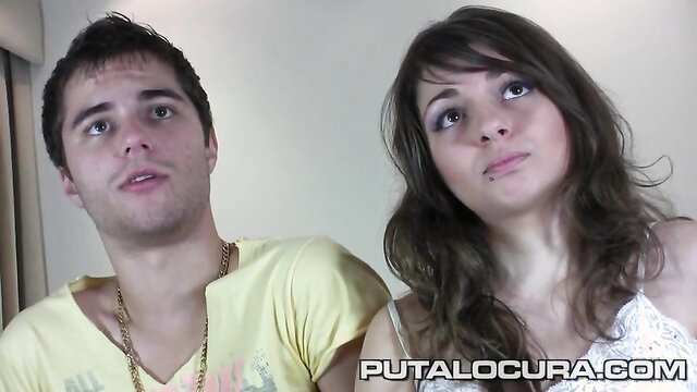 Amateur couple in lingerie, guy in yellow tee, flirty eye contact