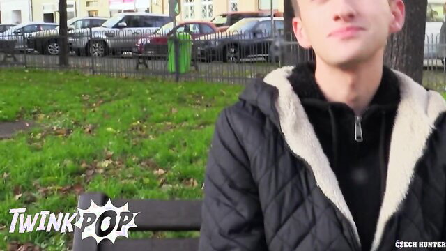 Curly haired twink in hoodie on park bench, Czech Hunter gay cash hookup
