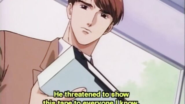 Submissive young Japanese salaryman in suit blackmailed with tape by gay boss