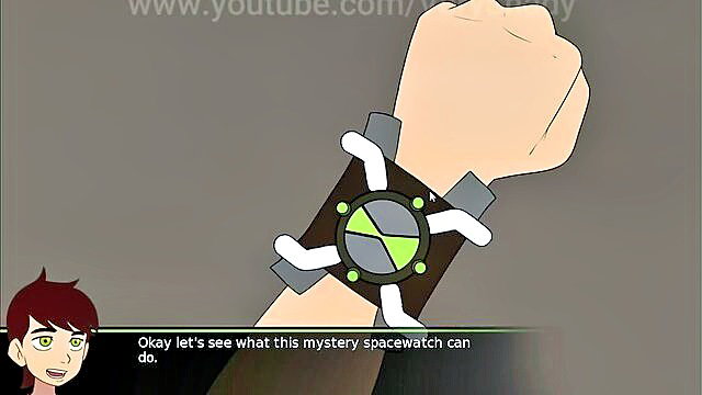 Ben 10 hentai girl examines glowing Omnitrix watch on wrist closeup