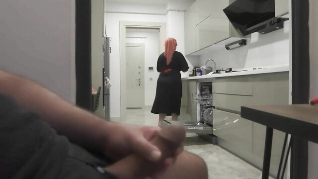Arab stepmom in black dress with red hijab caught stepson jerking off