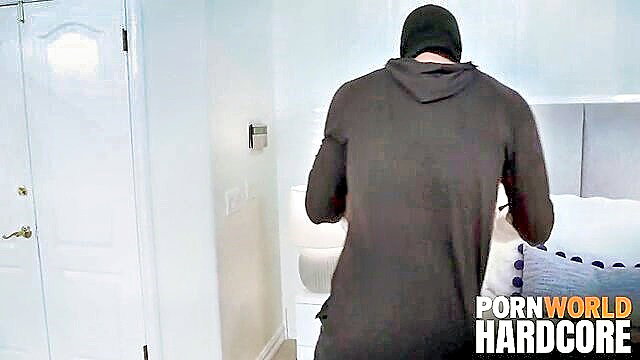 April Olsen bent over in hoodie as intruder in kinky anal roleplay