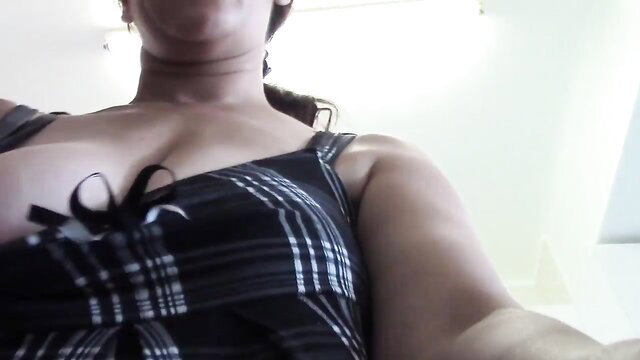 Curvy black stepmom in plaid lingerie dress teases cleavage
