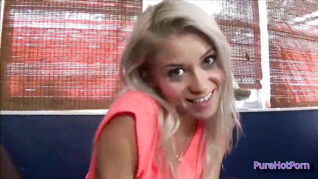 Marsha May blonde step sister smiling in pink top, hot Family Therapy