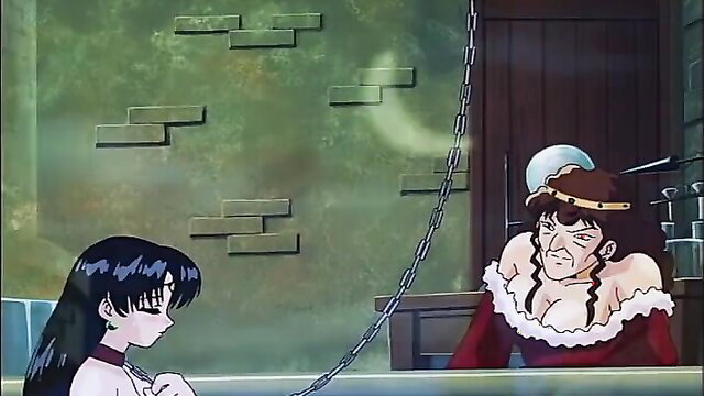 Cute chained magical girl in red dress faces busty queen in hentai