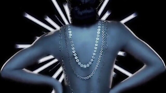 Ebony beauty back view in sparkling necklace chains, huge tits tease