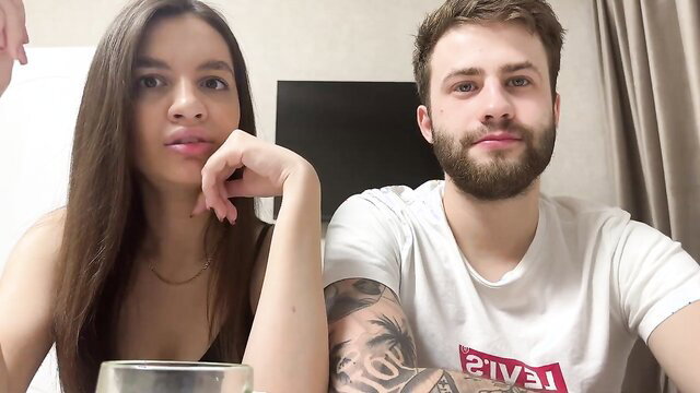 Teen camgirl homemade webcam with real couple, brunette beauty and tattooed guy