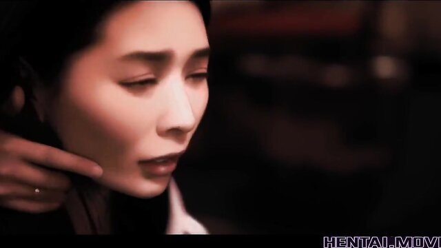 Japanese woman with hand on neck in intimate hentai-style closeup