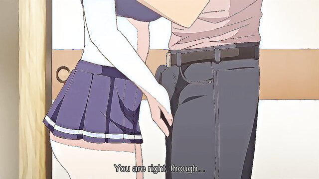 Anime schoolgirl in skirt gropes man's bulge intimately