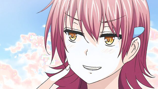 Cute pink-haired anime girl with golden eyes smiling playfully