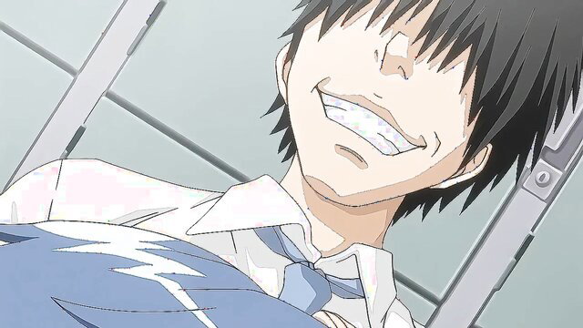 Smirking anime boy in school uniform closeup thumbnail