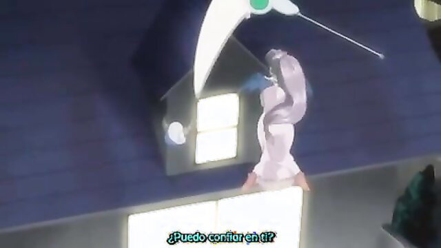 Pregnant anime hentai woman in tight dress on rooftop at night