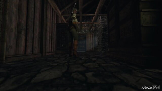 3D animated fantasy woman in skimpy armor in dark lodge dungeon