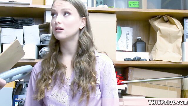 Cute blonde Izzy in pink top caught by mall cop in store room