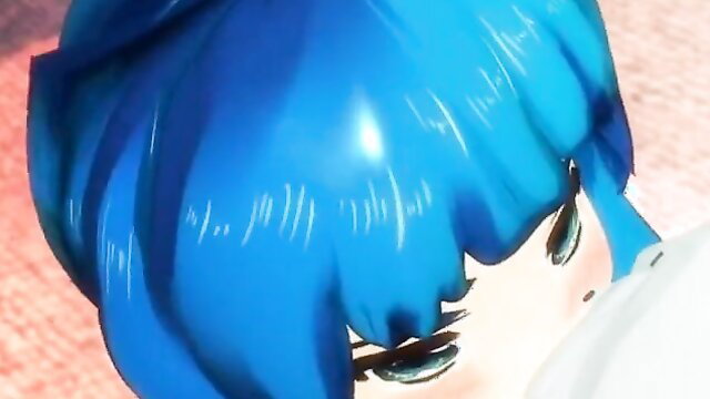 Blue-haired 3D hentai babe with huge tits closeup oral fuck
