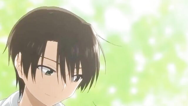 Cute anime boy with short black hair and green eyes in hentai scene