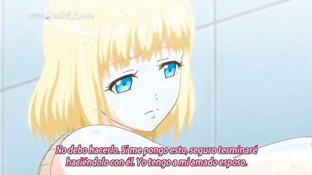 Busty blonde anime schoolgirl in shower teases with wet body